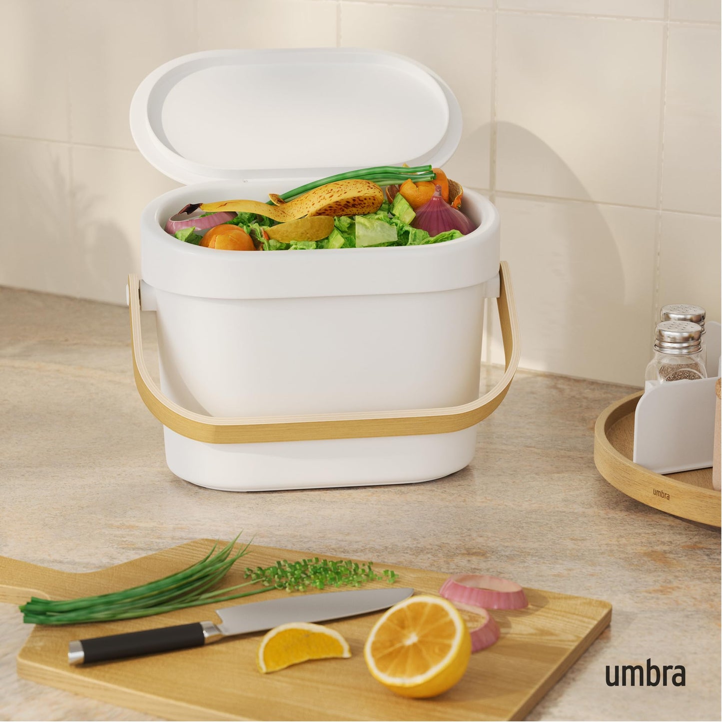 Umbra Bellwood Kitchen Compost Bin – White/Natural, Countertop or Cabinet Mounted, 4L Compost Container with Hidden Bag Retainer, BPA-Free & Dishwasher Safe| Bellwood Collection Umbra