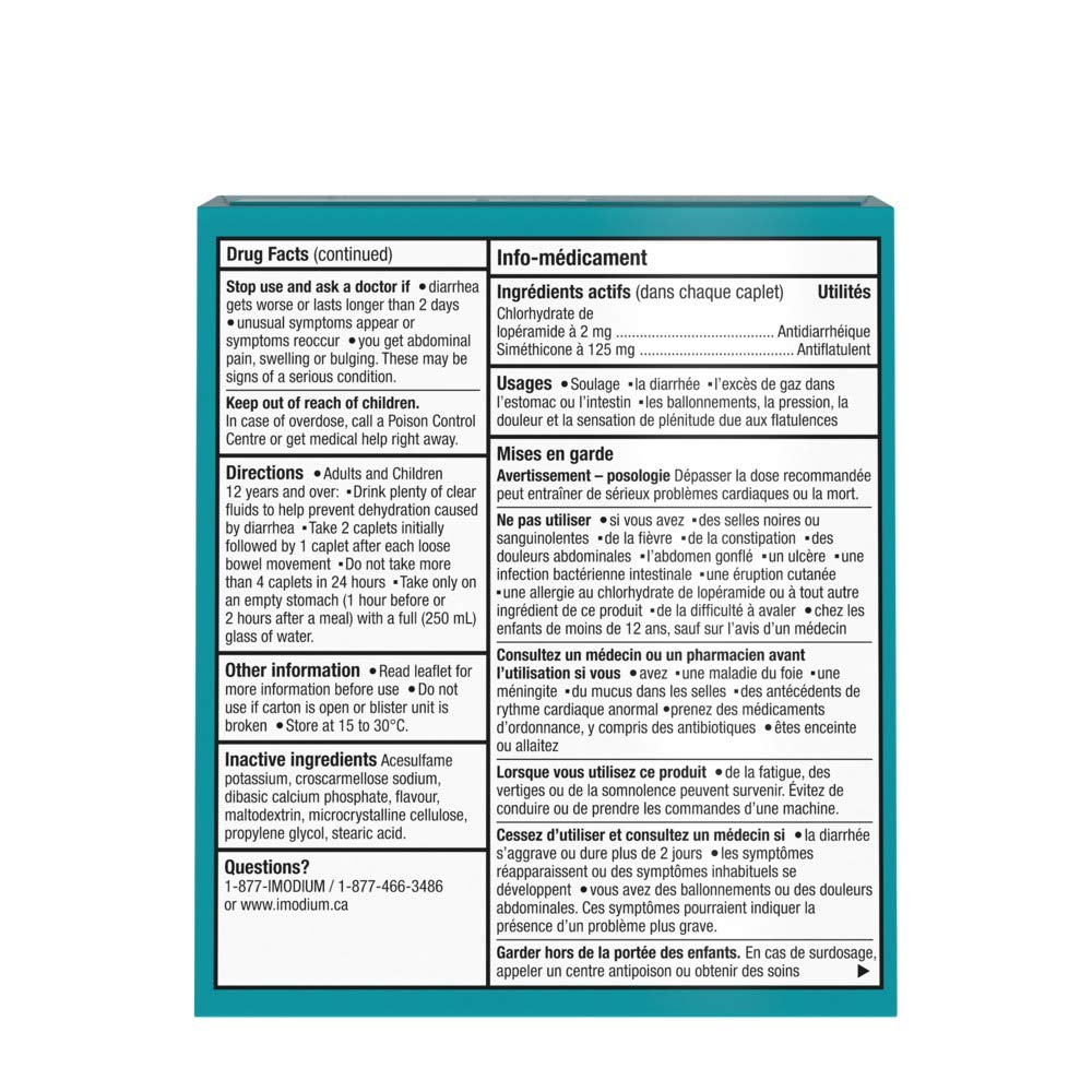 Imodium Complete Antidiarrheal and Gas Relief Caplets with Loperamide Hydrochloride, Simethicone, 40 Ct - Available at All In One Marketplace Canada