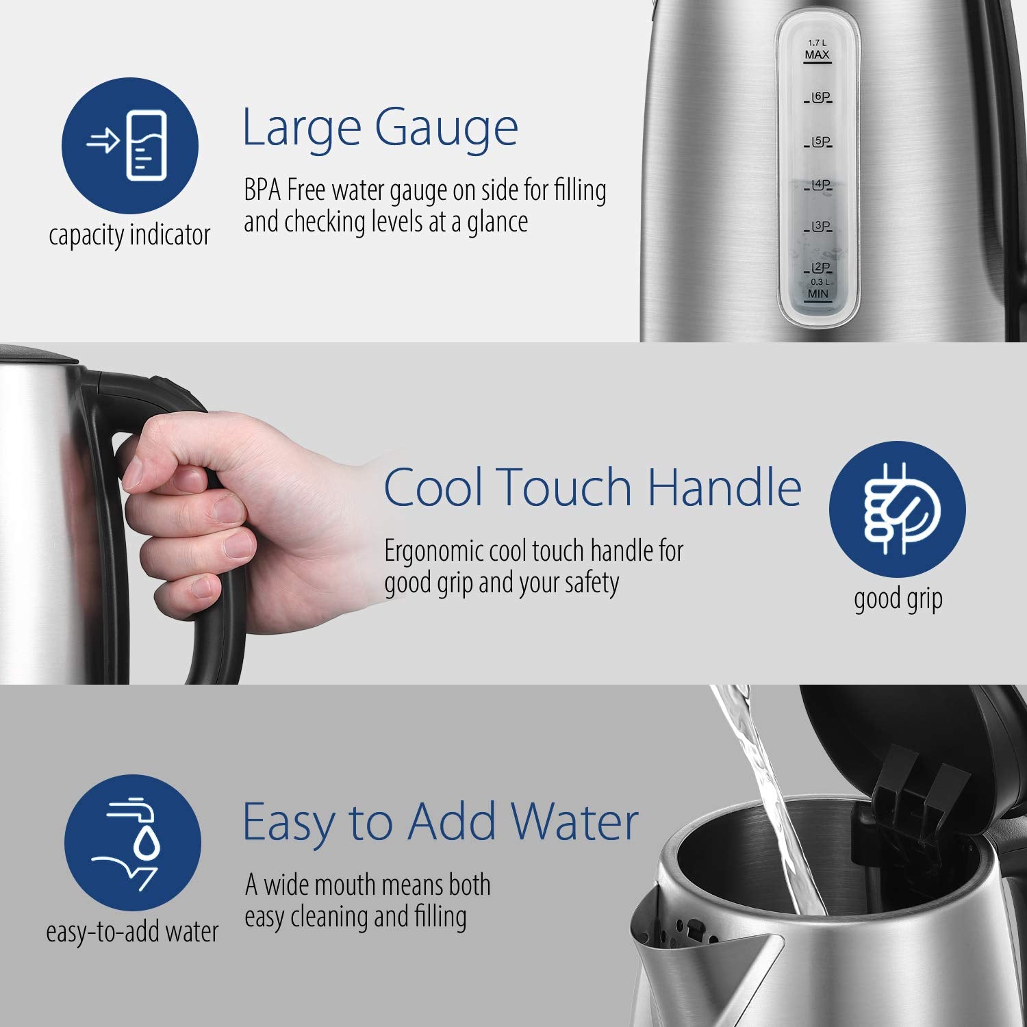 COMFEE' Stainless Steel Electric Kettle, 1.7L Tea Kettle Electric for Boiling Water, Hot Water Kettle 1500W Fast Boil with LED Light, Auto Shut-Off and Boil-Dry Protection COMFEE'