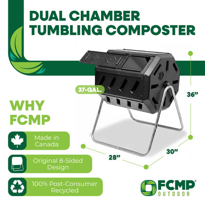 FCMP Outdoor IM4000 Dual Chamber Tumbling Composter Canadian-Made, 100% Recycled Resin - Outdoor Rotating Compost Tumbler Bin for Garden, Kitchen, and Yard Waste, Black (37 Gallon) FCMP Outdoor