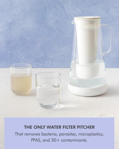 LifeStraw Home – Water Filter Pitcher, 7-Cup, Glass with Silicone Base, Stormy Blue, for Everyday Protection Against Bacteria, parasites, microplastics, Lead, Mercury, PFAS and a Variety of Chemicals