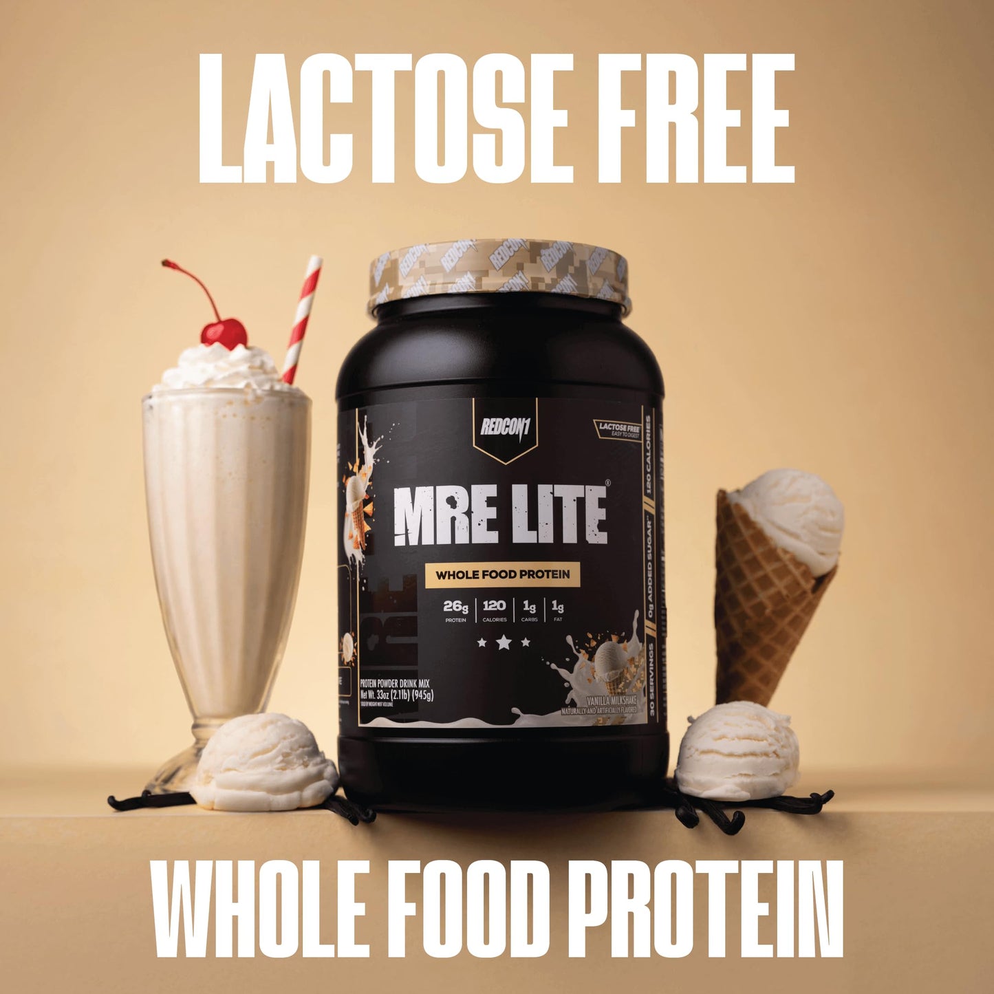 REDCON1 MRE Lite Meal Replacement Powder, Vanilla Milkshake - Animal Based Whole Food Protein Blend with MCT Oil + Pea Protein - Keto Friendly, Low Carb & Whey Free Protein Supplement (1.92 lbs) Redcon1
