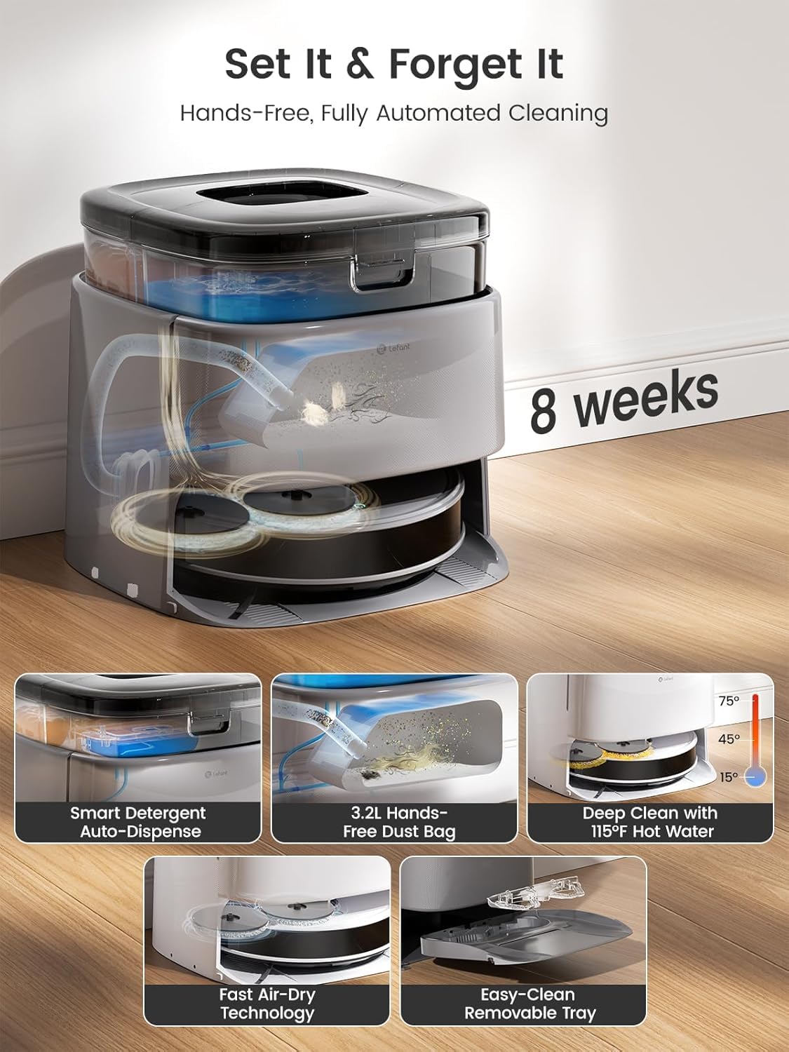Lefant M3 Max Robot Vacuum and Mop,20000Pa Suction,Anti-Tangle Brushes, Smart Obstacle Avoidance,Auto Mop Washing,All-in-One Dock,9mm Mop Lifting,200RPM Spinning Mops, Smart Obstacle Avoidance,Gray