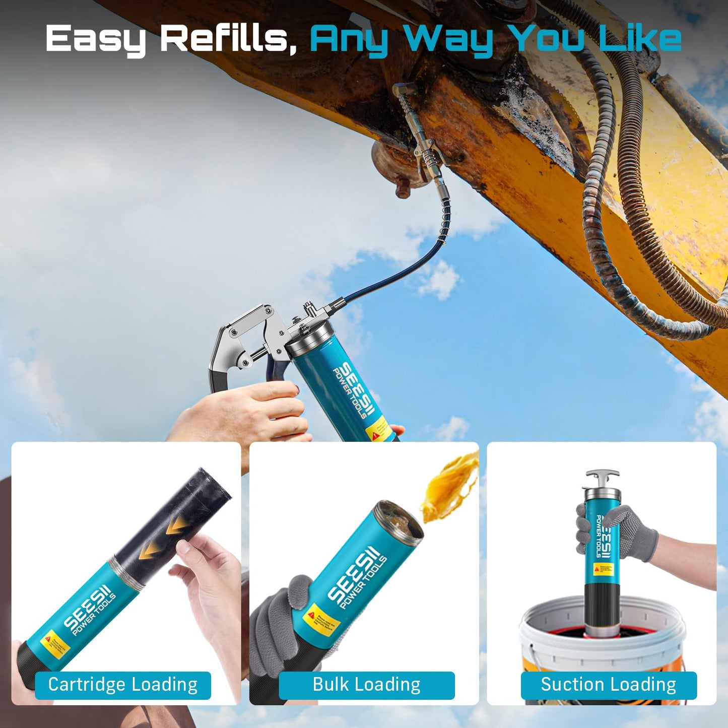 Seesii 8000PSI Grease Gun Kit: Heavy Duty Pistol Grip Grease Gun with 14oz Capacity, Quick-Release Coupler, 90° Adapter, Flexible Hose, Rigid Pipe for Automotive, Agricultural, Industrial, Farm, Car