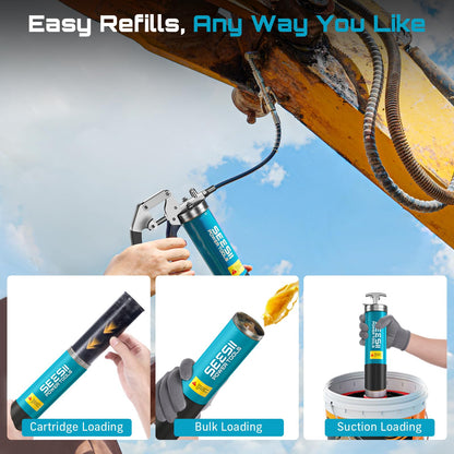 Seesii 8000PSI Grease Gun Kit: Heavy Duty Pistol Grip Grease Gun with 14oz Capacity, Quick-Release Coupler, 90° Adapter, Flexible Hose, Rigid Pipe for Automotive, Agricultural, Industrial, Farm, Car