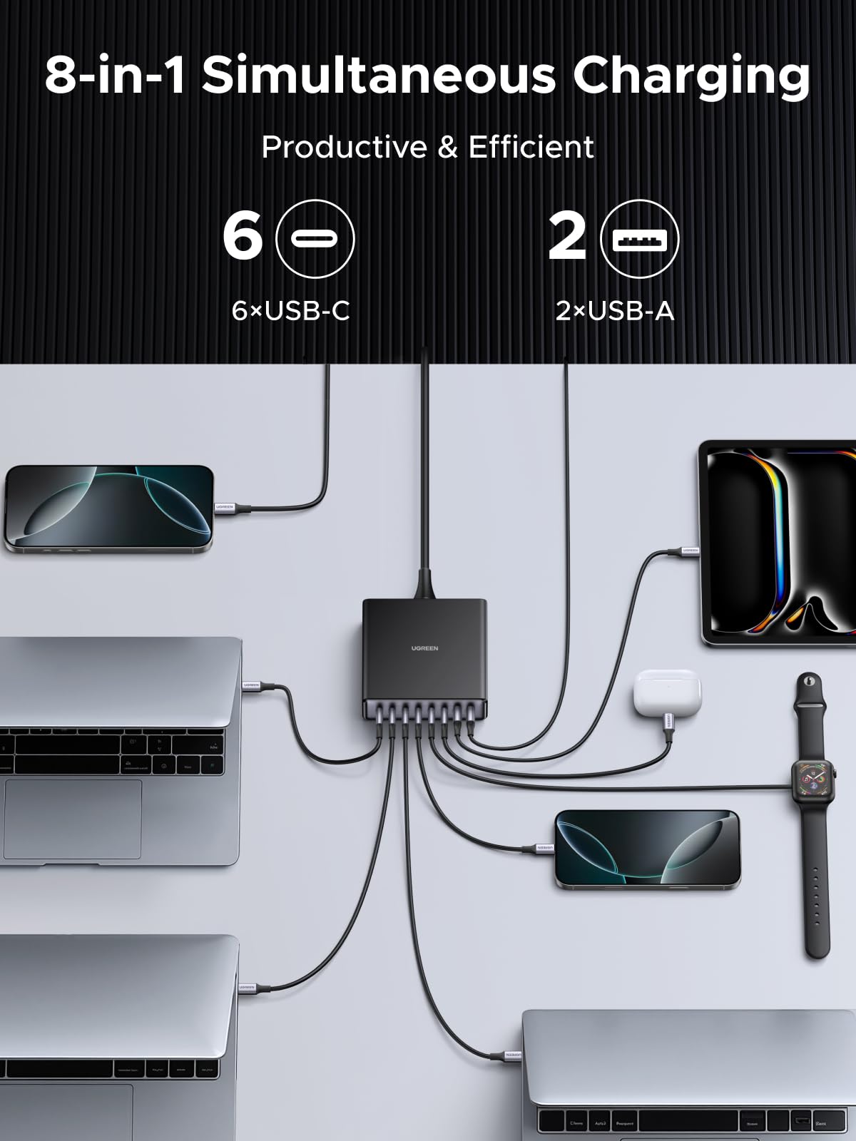 UGREEN 200W 8-Port GaN USB C Charger Block, Desktop Charging Station USB C and USB PD 100W Fast Charging Compatible for MacBook Pro 16" Air, XPS 13, iPad Pro, iPhone 17 Pro, Galaxy S26 S25