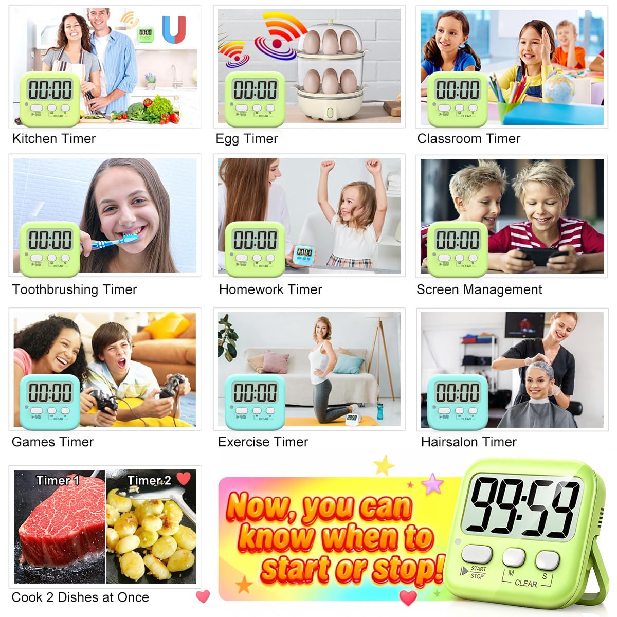 Antonki 2-Pack Kitchen Timer for Cooking, Digital Timer for Kids Teacher Study Classroom, Magnetic Countdown Minuteur for Egg Baking Oven Exercise - Battery Included