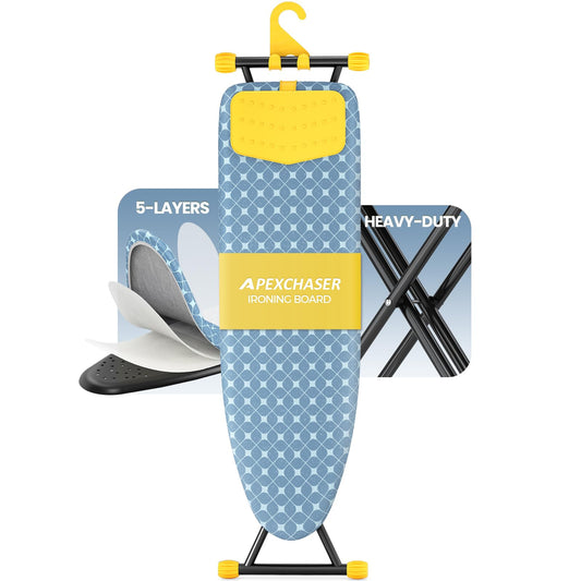 APEXCHASER Ironing Board with Iron Rest, Compact and Space Saver Iron Board, Extra Thick Cover, Height Adjustable, Wall Mount & Closet Hanger 13x43 Yellow