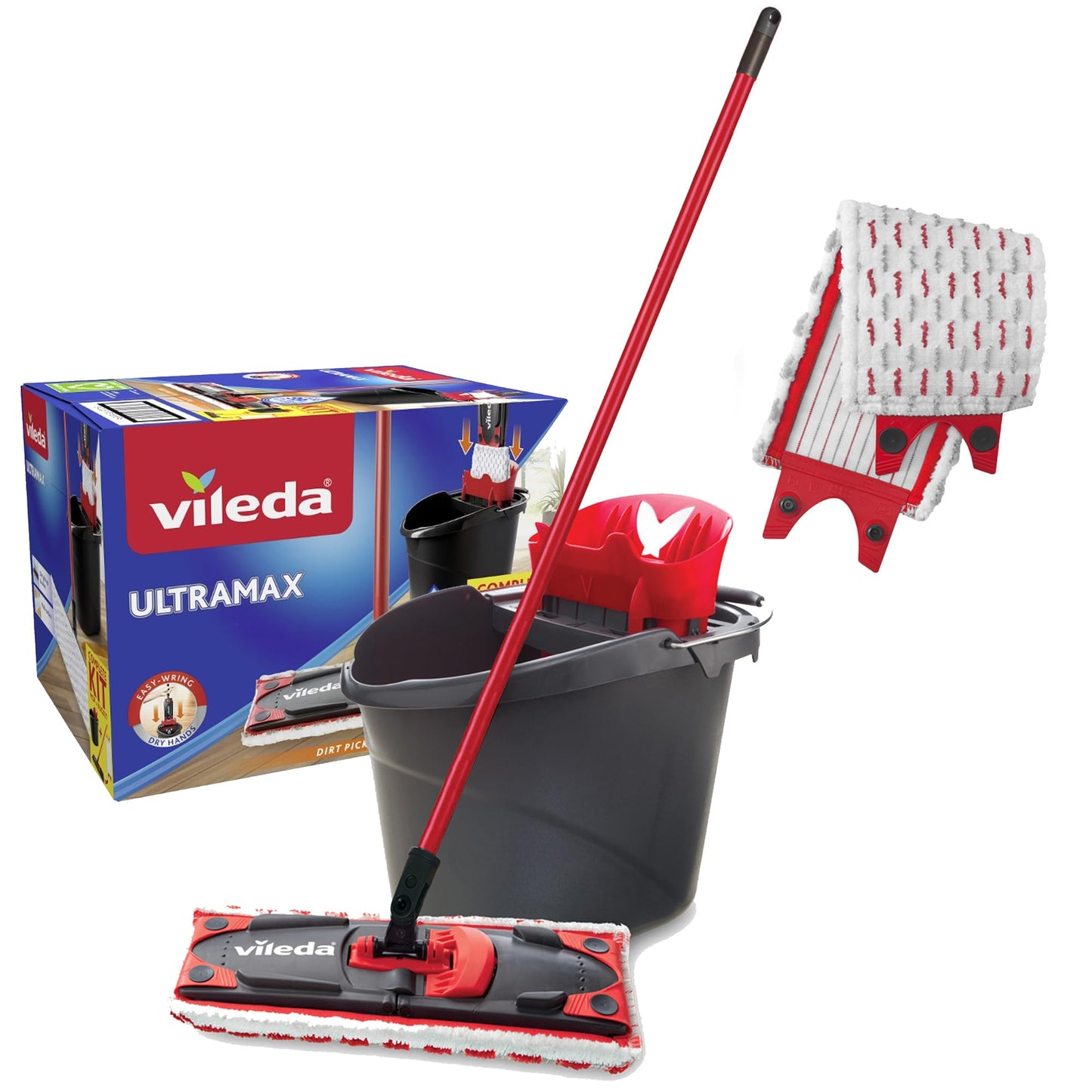 Vileda Ultramax Flat Mop and Bucket Set with 1 Extra Refill | Multi-Piece Handle | Perfect Mop for Walls and Ceilings | Machine-Washable Mop Head Vileda