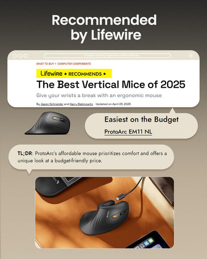 ProtoArc Ergonomic Vertical Mouse, EM11 NL Bluetooth Mouse Wireless Rechargeable Mice with 3 Devices (Bluetooth or USB), Vertical Wireless Mouse for Computer, iPad, Mac, Windows (Black) - Available at All In One Marketplace Canada