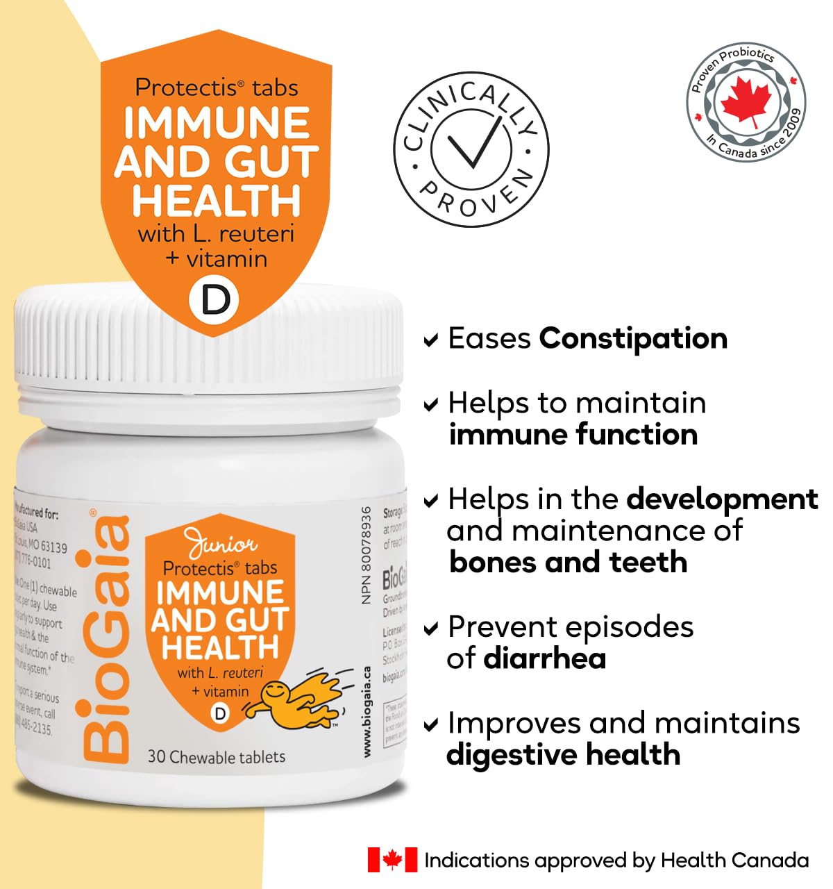 BioGaia Probiotic Junior Immune & Gut Health Tablets | New Format | Probiotic + 800 IU of Vit. D | 30-Day Supply/Chewable Tablets | For kids & Teens | Eases constipation | Helps maintain immune function | Development of bones and teeth | Prevent episodes - Available at All In One Marketplace Canada