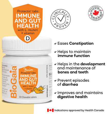 BioGaia Probiotic Junior Immune & Gut Health Tablets | New Format | Probiotic + 800 IU of Vit. D | 30-Day Supply/Chewable Tablets | For kids & Teens | Eases constipation | Helps maintain immune function | Development of bones and teeth | Prevent episodes - Available at All In One Marketplace Canada