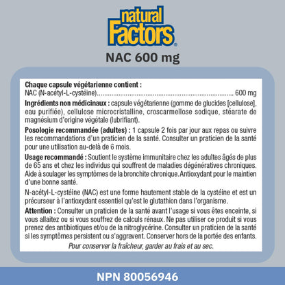 Natural Factors NAC Supplement (N-Acetyl-L-Cysteine), 600 mg, 180 Vegetarian Capsules, VALUE SIZE, Free Form Amino Acid, Helps Restore Glutathione Levels, Antioxidant Support, Proudly Canadian - Available at All In One Marketplace Canada
