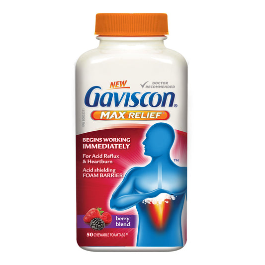 Gaviscon Max Relief Tablets - 50 Count - Chewable Foaming Antacid Tablets for Day and Night Heartburn Relief, Acid Reflux and GERD Relief, Berry Blend - Free of Aluminum, Lactose and Gluten - Available at All In One Marketplace Canada