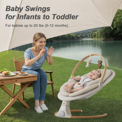 Baby Swings for Infants, Monamii Baby Swing, Bluetooth Infant Swing with Music Speaker, 5 Speeds and Remote Control, Electric Swing for Baby, Portable Baby Swing, Indoor & Outdoor Use (Light Beige) - Available at All In One Marketplace Canada