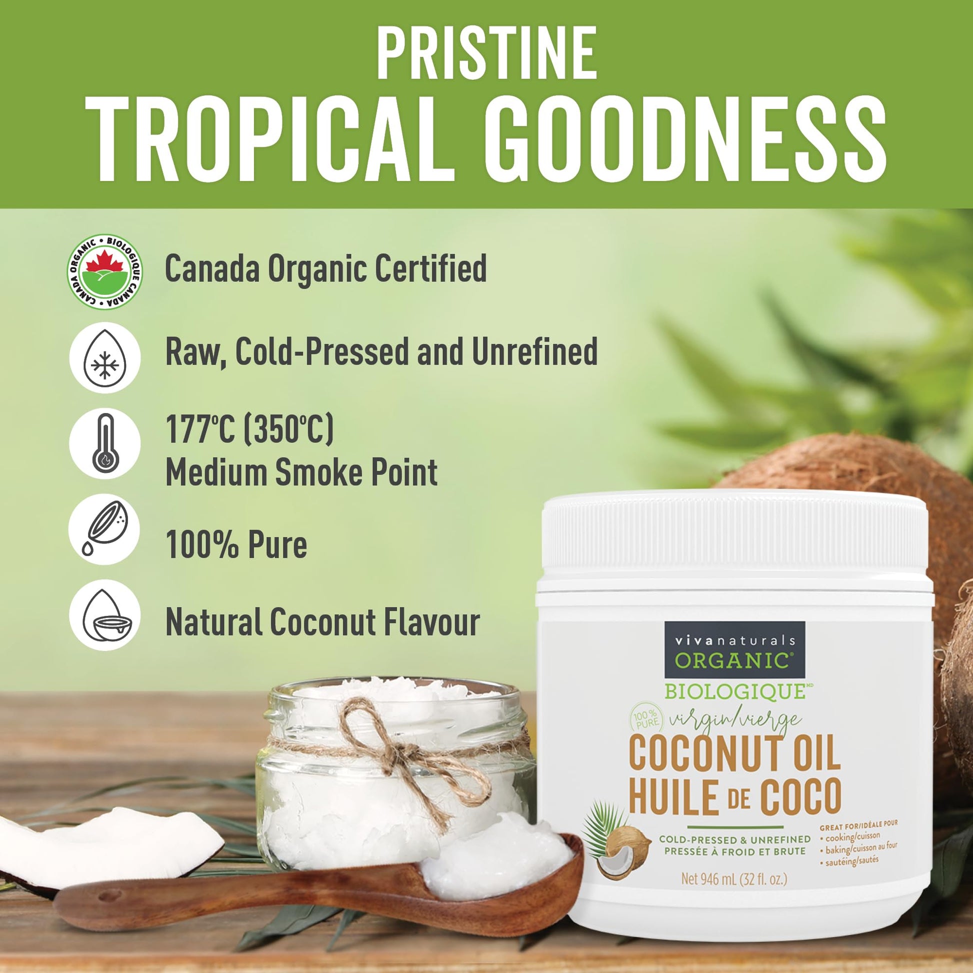 Viva Naturals Organic Virgin Coconut Oil, 32 fl oz (946 mL) – Coconut Oil for Hair, Skin, Cooking & Baking – Cold-Pressed, Unrefined & Non-GMO – Keto & Paleo Certified – BPA-Free Jar