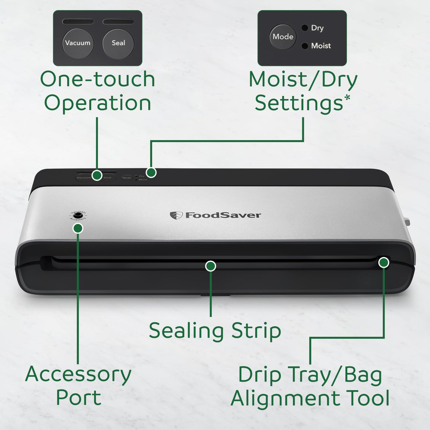 FoodSaver PowerVac Compact Vacuum Sealer Machine w/ Vertical Storage | 5 Airtight Vacuum Seal Bags & 1 Roll | VS0150 | Stainless Steel / Black - Available at All In One Marketplace Canada