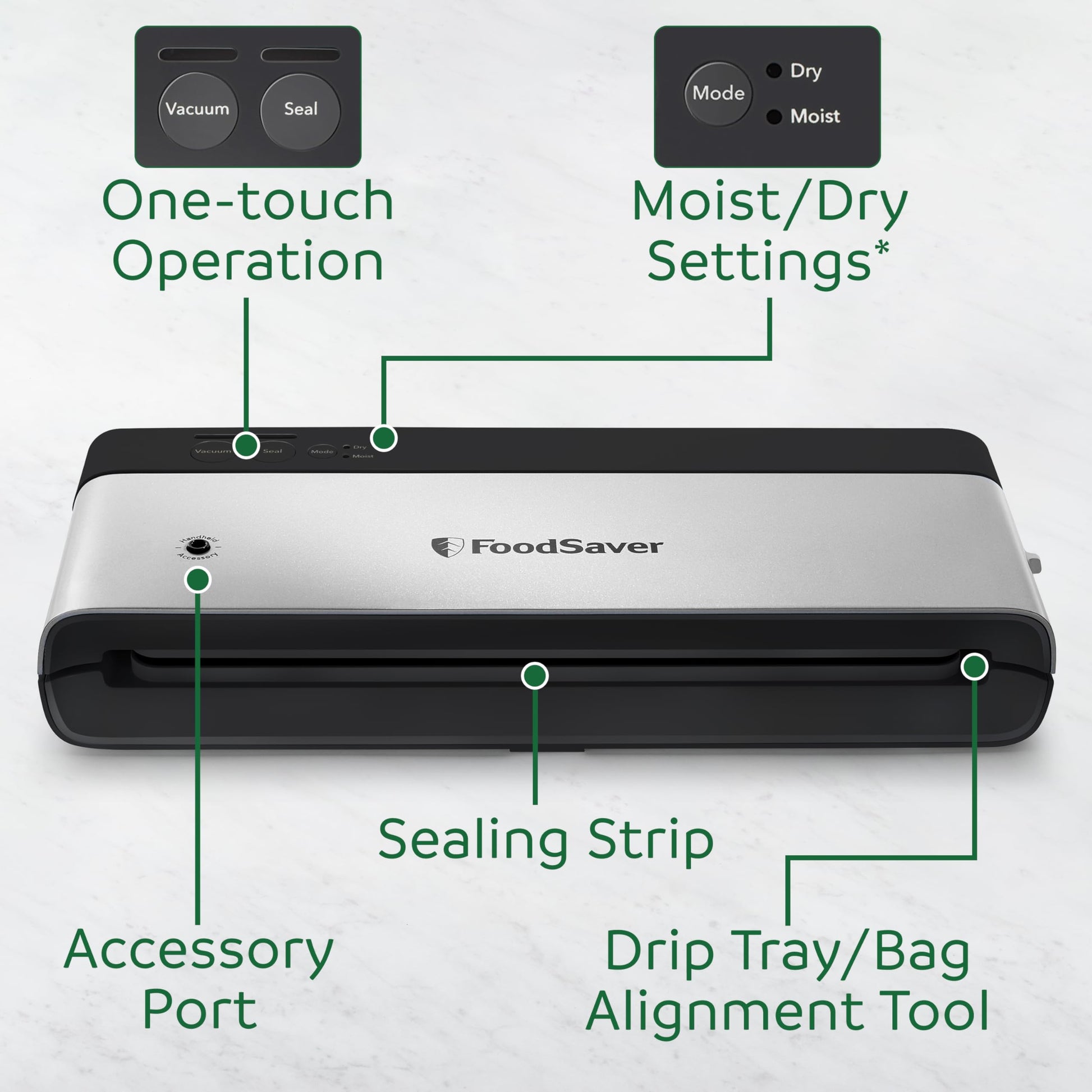 FoodSaver PowerVac Compact Vacuum Sealer Machine w/ Vertical Storage | 5 Airtight Vacuum Seal Bags & 1 Roll | VS0150 | Stainless Steel / Black - Available at All In One Marketplace Canada