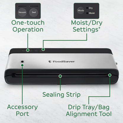 FoodSaver PowerVac Compact Vacuum Sealer Machine w/ Vertical Storage | 5 Airtight Vacuum Seal Bags & 1 Roll | VS0150 | Stainless Steel / Black - Available at All In One Marketplace Canada
