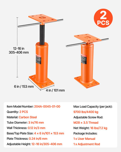 VEVOR House Floor Jacks, 2 Pack, 12"-16" Height Range, 9700 lbs Max Load Capacity Per Unit, Adjustable Support Beam Basement Jack Post Pole for Leveling, Steel Telescoping Jack for Temporary Support VEVOR