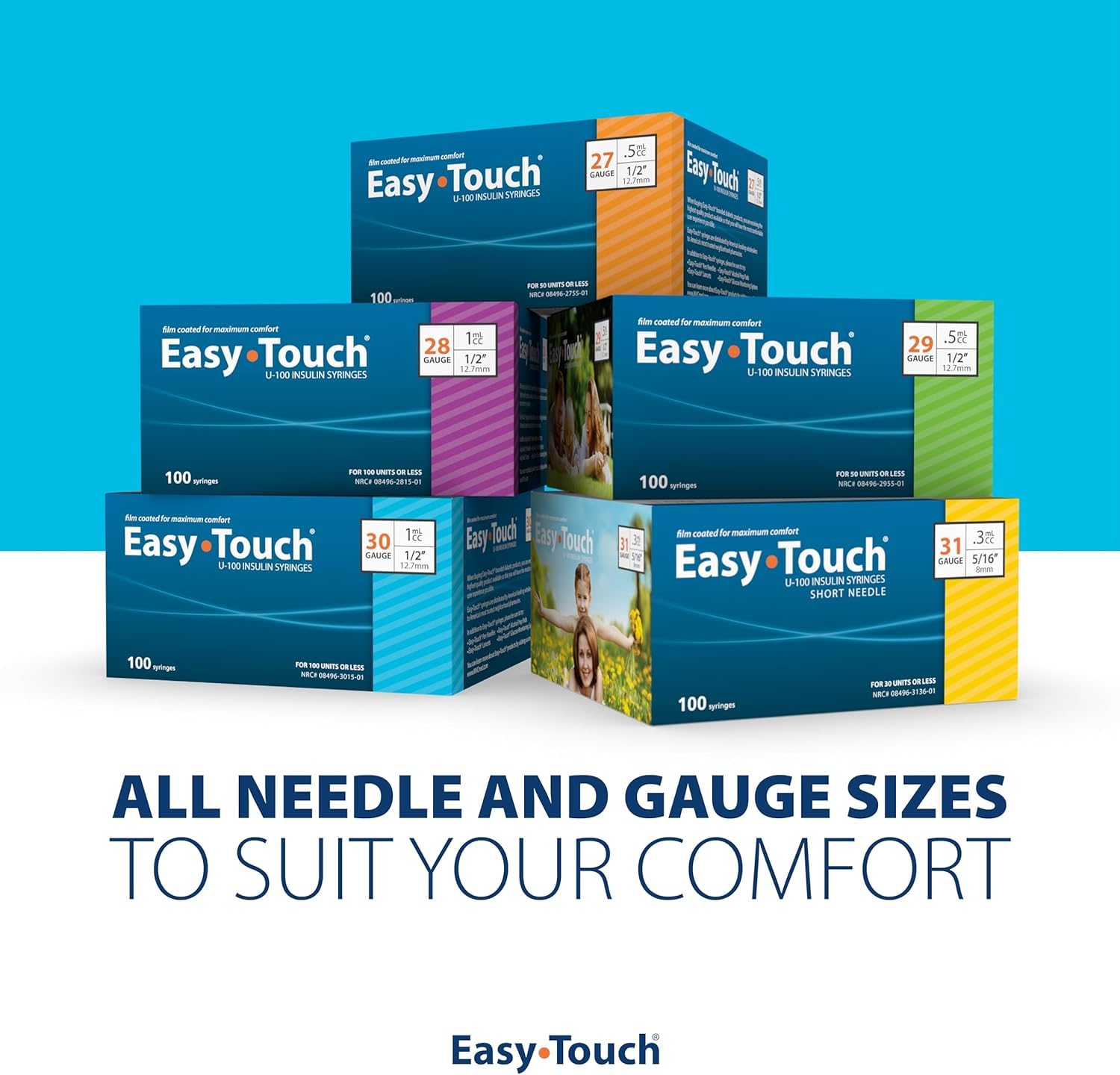 Easy Touch 30 Gauge U-100 Insulin Syringes (30G 0.5cc 1/2”) with 1/2” Long Needle, 0.5cc (50 Unit Capacity), Bold Markings for Accurate Dosing, Disposable, Box of 100