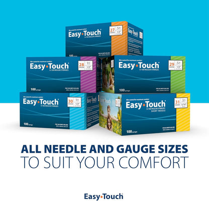 Easy Touch 30 Gauge U-100 Insulin Syringes (30G 0.5cc 1/2”) with 1/2” Long Needle, 0.5cc (50 Unit Capacity), Bold Markings for Accurate Dosing, Disposable, Box of 100