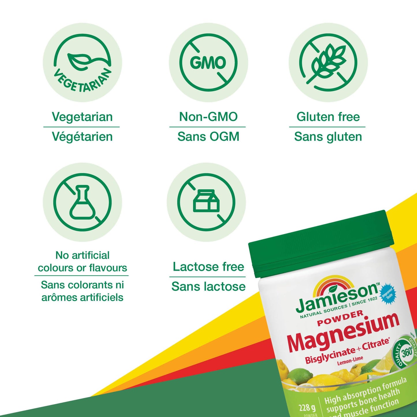 Jamieson Magnesium Bisglycinate 300 mg Per Serving, Powder Natural Lemon-Lime Flavour, 228 g, Supports Muscle Function, Bone Health, Boosts Energy. No Artificial Colours, Flavours or Preservatives - Available at All In One Marketplace Canada