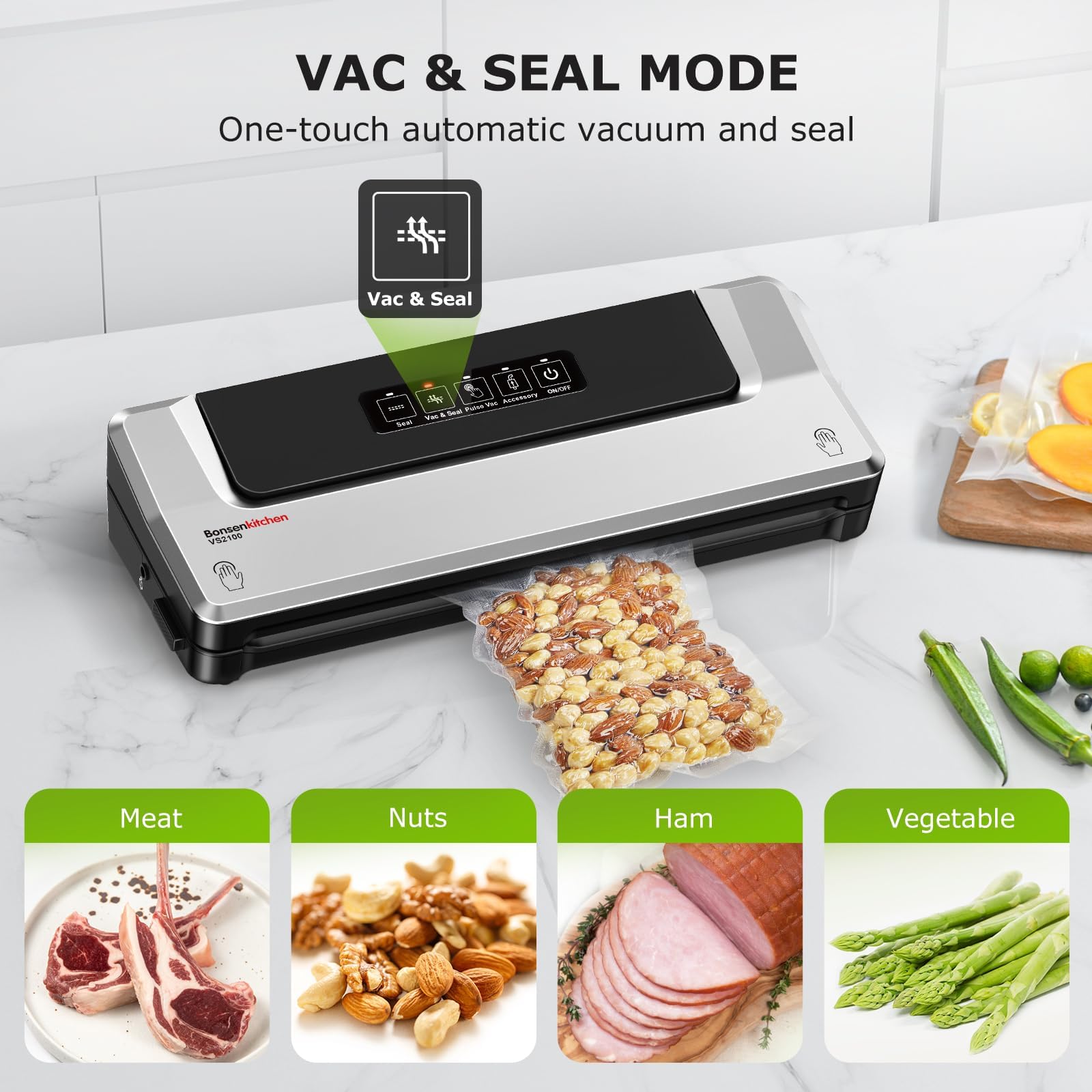 Bonsenkitchen Vacuum Sealer Machine, 90Kpa Powerful Food Sealer, Multi-Functional Food Vacuum Sealer with Vacuum Bags & Accessory Hose,Globefish Technology for High-Speed Continuous Working, Silver - Available at All In One Marketplace Canada
