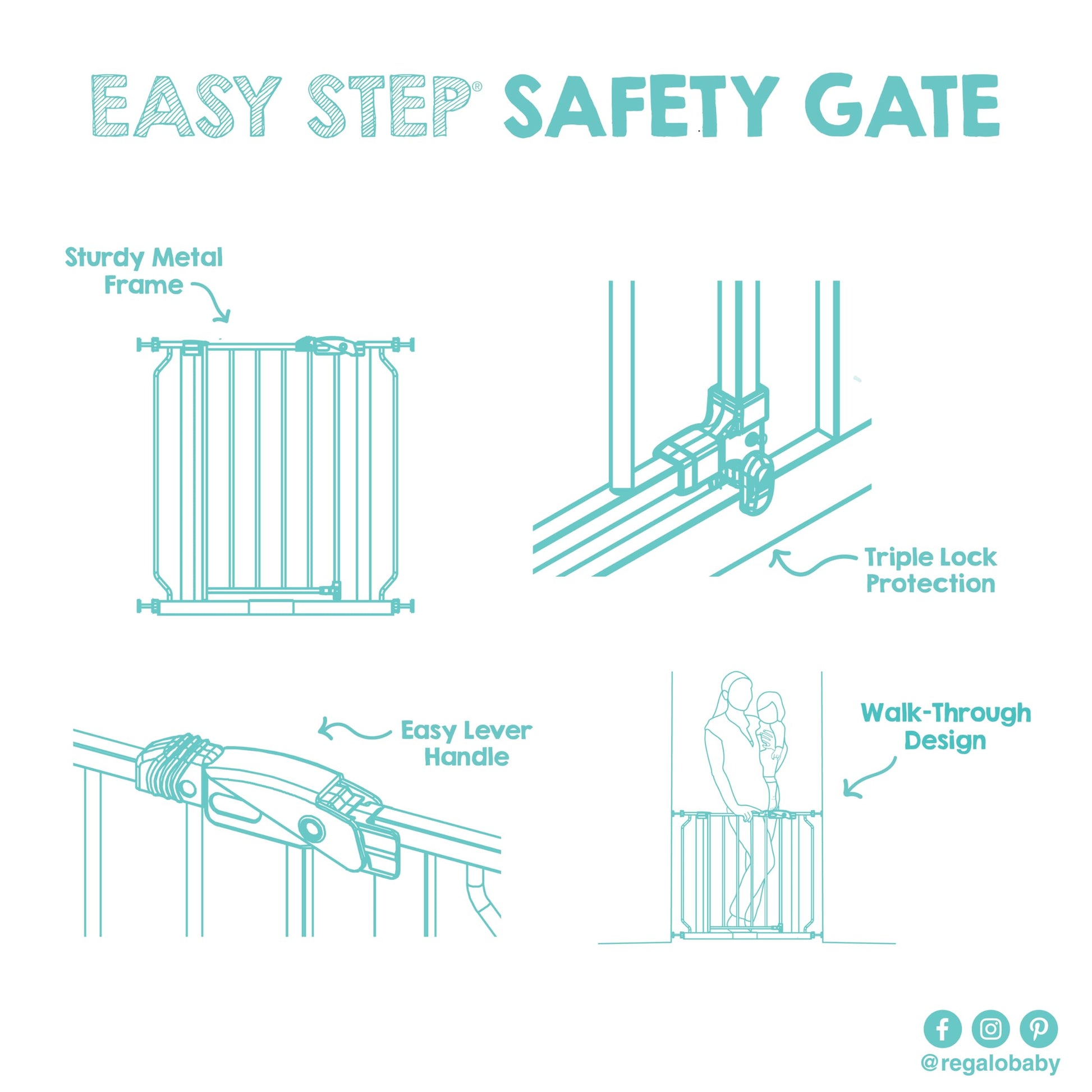 Regalo Easy Step 38.5-Inch (97.75cm) Extra Wide Baby Gate, Award Winning Brand, Includes 6-Inch (15.25cm) Extension Kit, 4 Pack Pressure Mount Kit and 4 Pack Wall Mount Kit