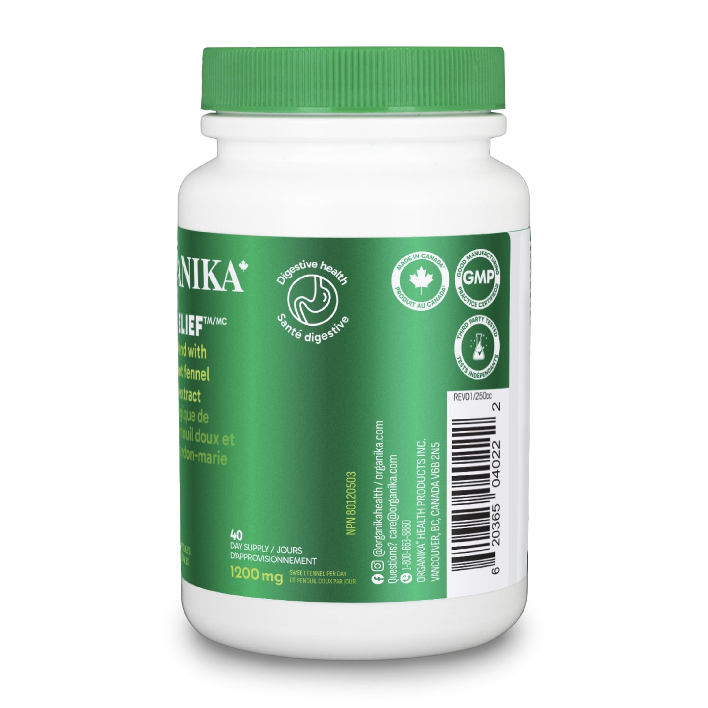 Organika Canadian-Made Bloat Relief- Helps Relieve Bloating and Flatulence- Herbal Blend of Sweet Fennel, Turmeric, and Milk Thistle- Digestive Support- 120vcaps Organika