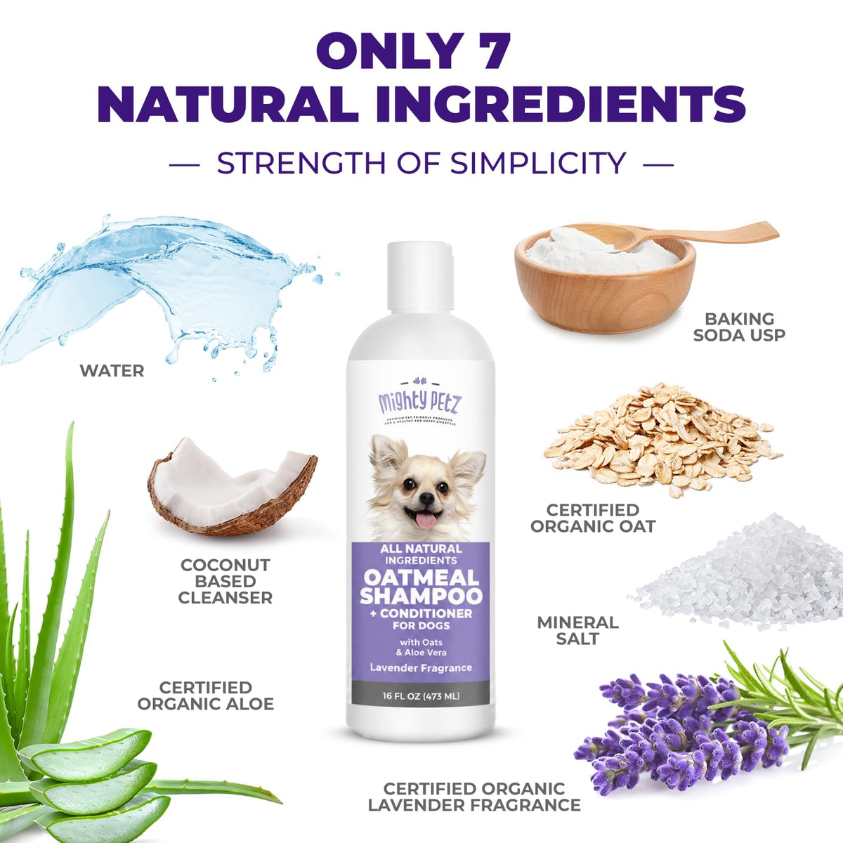 Mighty Petz 2-in-1 Oatmeal Dog Shampoo & Conditioner – Made with 7 Natural Ingredients Including Oatmeal & Aloe Vera – Large Bottle 16 oz