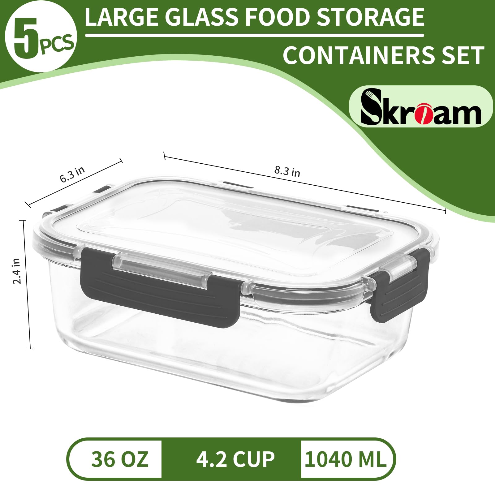 Skroam 5-Packs 36OZ Glass Food Storage Containers with Lids Airtight, Glass Meal Prep Container for Lunch, Pantry Organizers and Storage, Glass Lunch Boxes for Freezer to Oven Safe, Leak Proof - Available at All In One Marketplace Canada