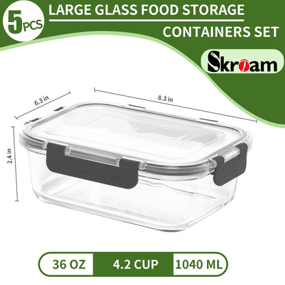 Skroam 5-Packs 36OZ Glass Food Storage Containers with Lids Airtight, Glass Meal Prep Container for Lunch, Pantry Organizers and Storage, Glass Lunch Boxes for Freezer to Oven Safe, Leak Proof - Available at All In One Marketplace Canada