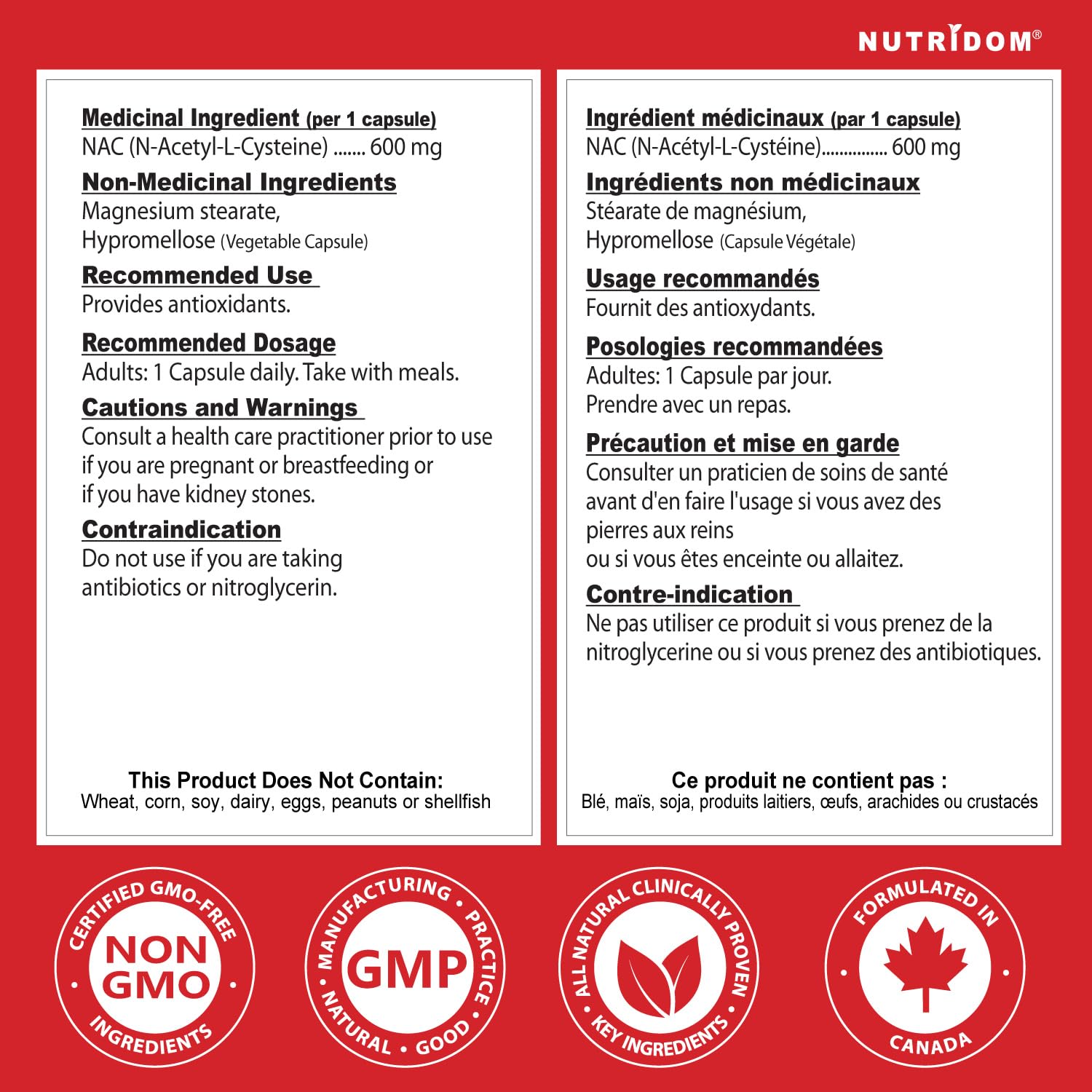 Nutridom NAC 600 mg, 300 Capsules, Canadian-Made N-Acetyl-L-Cysteine Supplement, Non-GMO, Vegan, Gluten Free, Made in Canada - Available at All In One Marketplace Canada