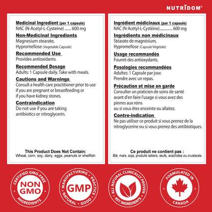 Nutridom NAC 600 mg, 300 Capsules, Canadian-Made N-Acetyl-L-Cysteine Supplement, Non-GMO, Vegan, Gluten Free, Made in Canada - Available at All In One Marketplace Canada