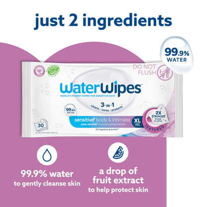 WaterWipes Sensitive+ Body & Intimate Wipes, 3-In-1 Cleans, Cares, Protects, 99.9% Water, Unscented & Hypoallergenic Hygiene Wet Wipes, Adult Care, 90 Wipes (3 Packs) WaterWipes
