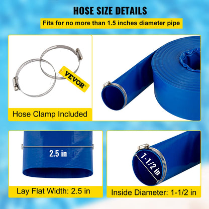 VEVOR Discharge Hose, 1-1/2" x 100', PVC Fabric Lay Flat Hose, Heavy Duty Backwash Drain Hose with Clamps, Weather-Proof & Burst-Proof, Ideal for Swimming Pool & Water Transfer, Blue VEVOR