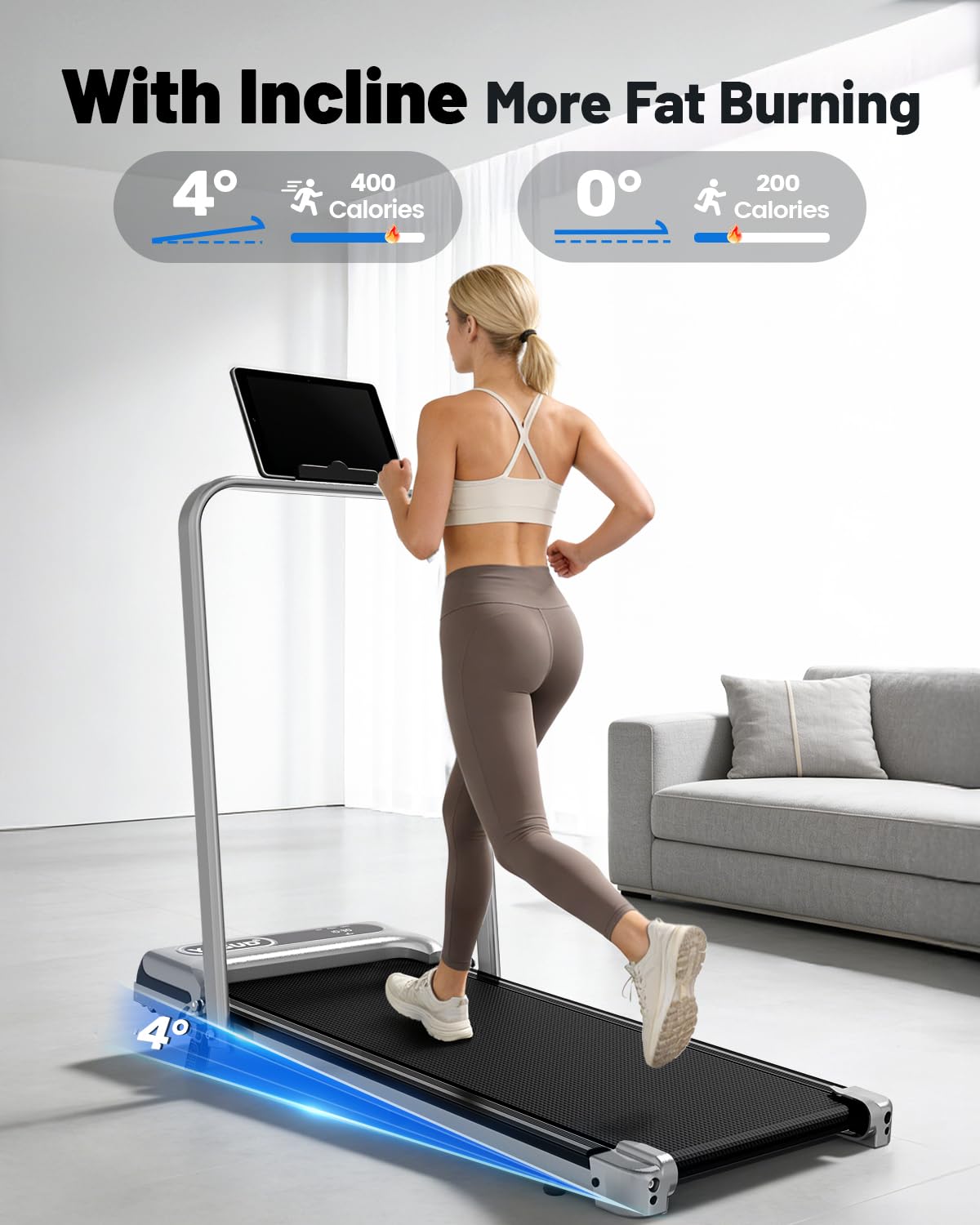 Yagud Walking Pad with 8% Incline, 3 in 1 Treadmill for Home & Office, 2.5HP Under Desk Treadmill with Handle, Portable Treadmill with Remote Control & Led Display, No Installation