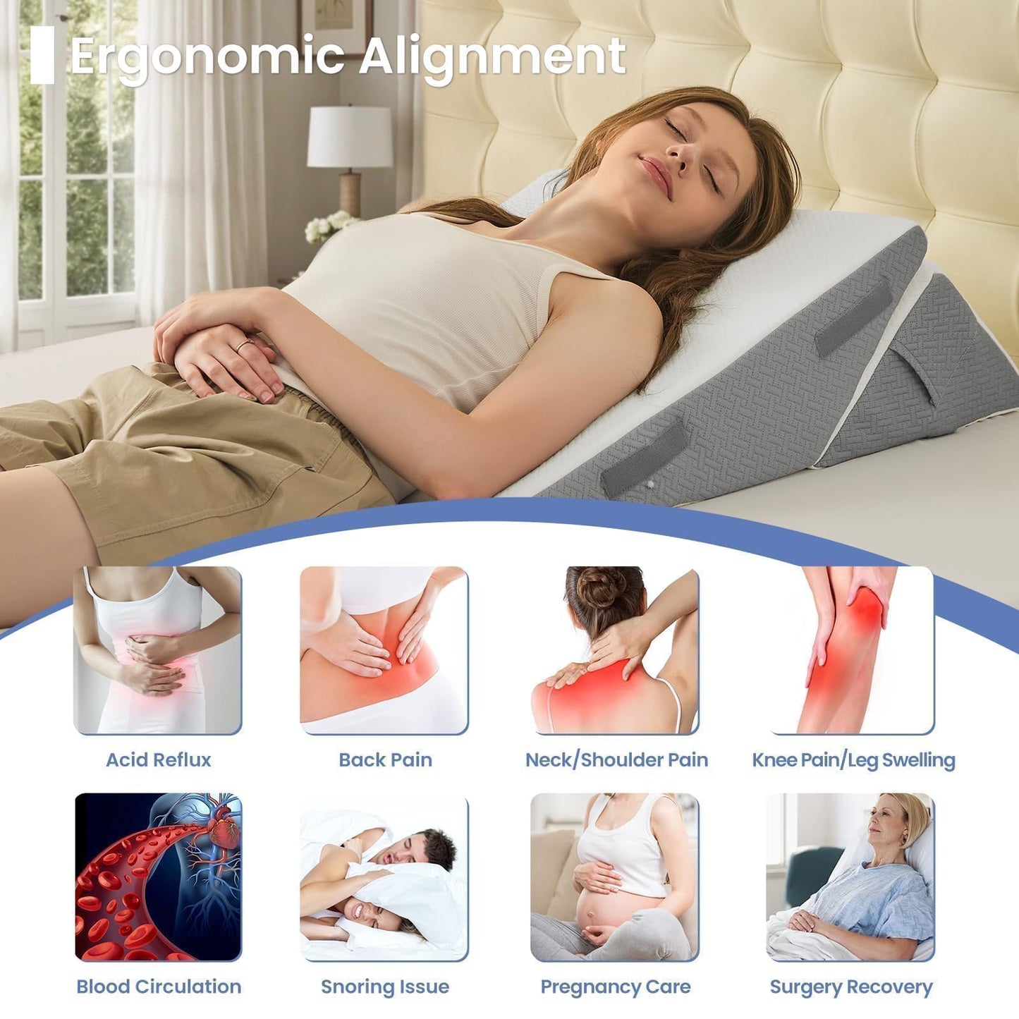 Sasttie Wedge Pillows for Adult, 2PCS Adjustable Bed Wedge Pillow for Post Surgery, Triangle Pillow Headboard with Bolster Cushion for Sleeping, Acid Reflux, Neck & Back Support, White and Dark Grey - Available at All In One Marketplace Canada