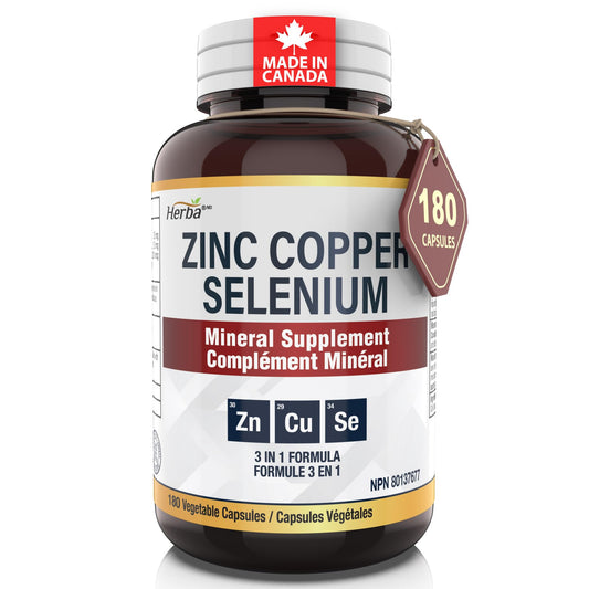 Herba Zinc Picolinate 25mg with Copper and Selenium - 180 Capsules | 3 in 1 Mineral Supplement | Selenium Zinc Copper Supplement | 6 Months Supply | Immune Support | Made in Canada - Available at All In One Marketplace Canada