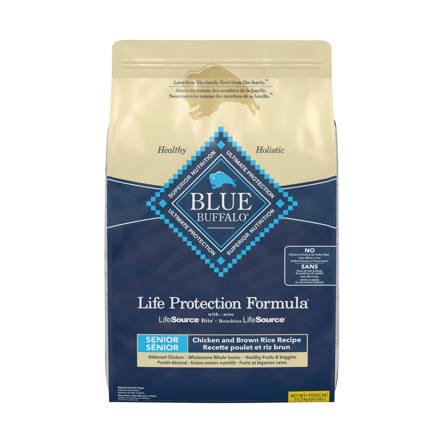 Blue Buffalo Life Protection Formula Chicken & Brown Rice Senior Dry Dog Food, Supports Immunity with Antioxidant-Rich LifeSource Bits, Promotes Healthy Muscle Development, Skin & Coat, 11.7kg/26lbs