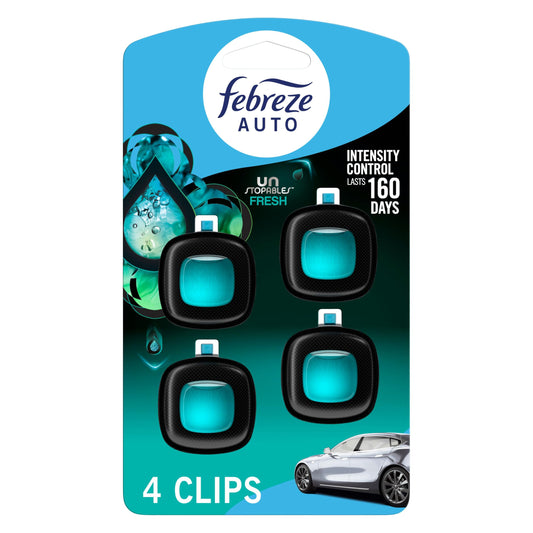 Febreze Unstopables Car Odor-Fighting Car Freshener Vent Clip Fresh Scent, .07 oz. Car Vent Clip, Pack of 4