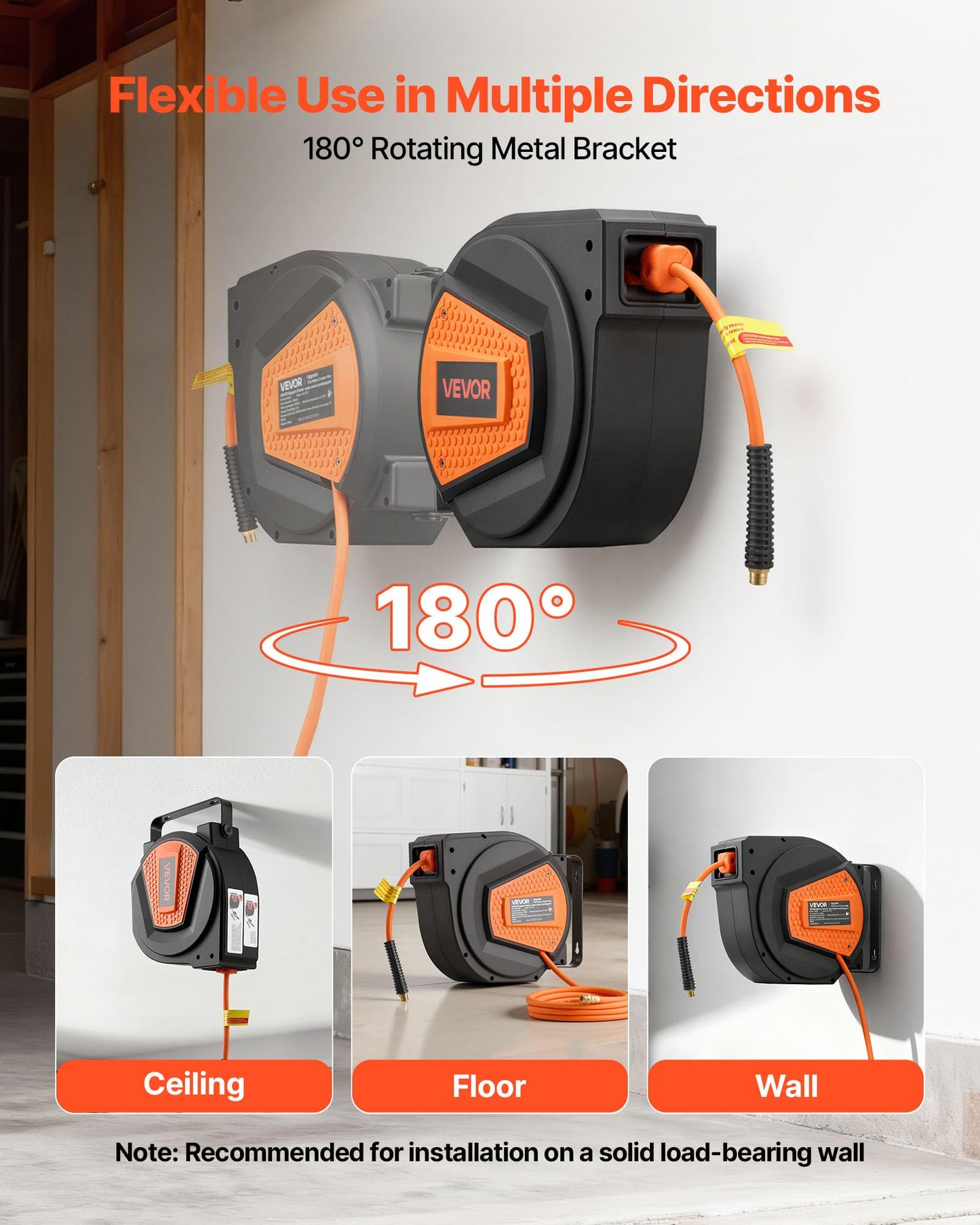 VEVOR Retractable Air Hose Reel, 1/4 Inch x 50 FT Hybrid Air Hose Max 300PSI, Enclosed Air-Compressor Hoses Reel Auto Rewind with 6.6 ft Lead in & Blow Gun, 180° Swivel Ceiling/Wall Mount VEVOR