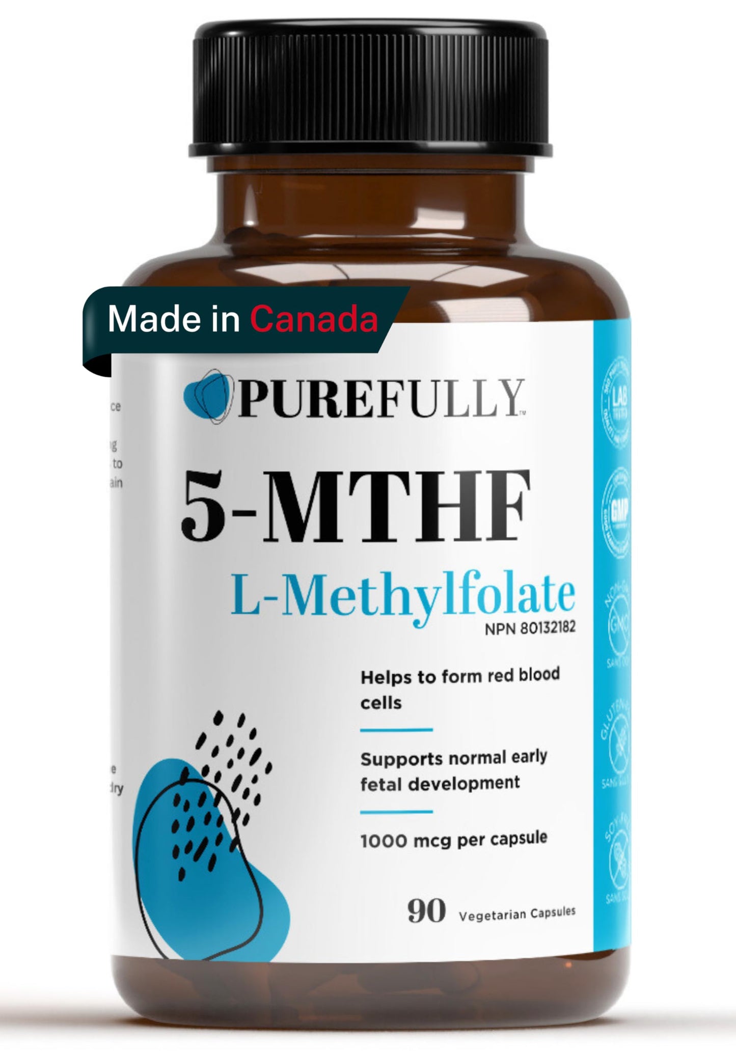 PUREFULLY 5-MTHF 1000mcg, 90 Capsules - L Methylfolate (Active Form of Vitamin B9 Folate) Supplement - Supports Cardiovascular Health and Early Fetal Development - Available at All In One Marketplace Canada