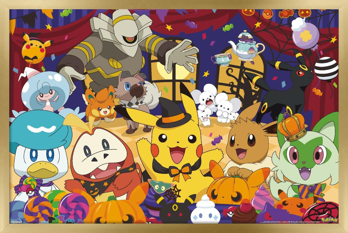 Pokémon : Fête d'Halloween - Affiche murale de groupe, 56,9 cm x 37,3 cm, version encadrée or