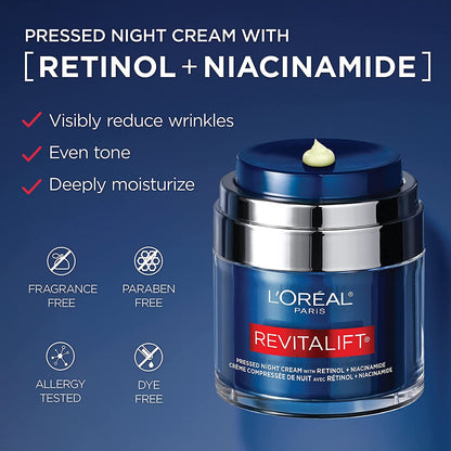 L'Oreal Paris Retinol Pressed Night Cream with Niacinamide, Reduces the Look of Wrinkles & Hydrates Skin, Revitalift Triple Power LZR, Skincare, 47 ml L'Oreal Paris