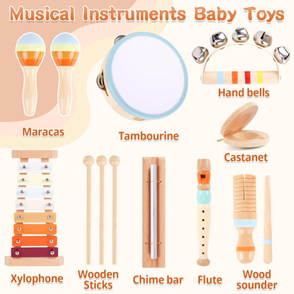 Wooden Musical Instruments for Toddlers 1-3 - Montessori Educational Toys for 1 2 3 Year Old Baby Kids, with Xylophone, One 1st 2st Christmas Birthday Gifts for Girls Boys