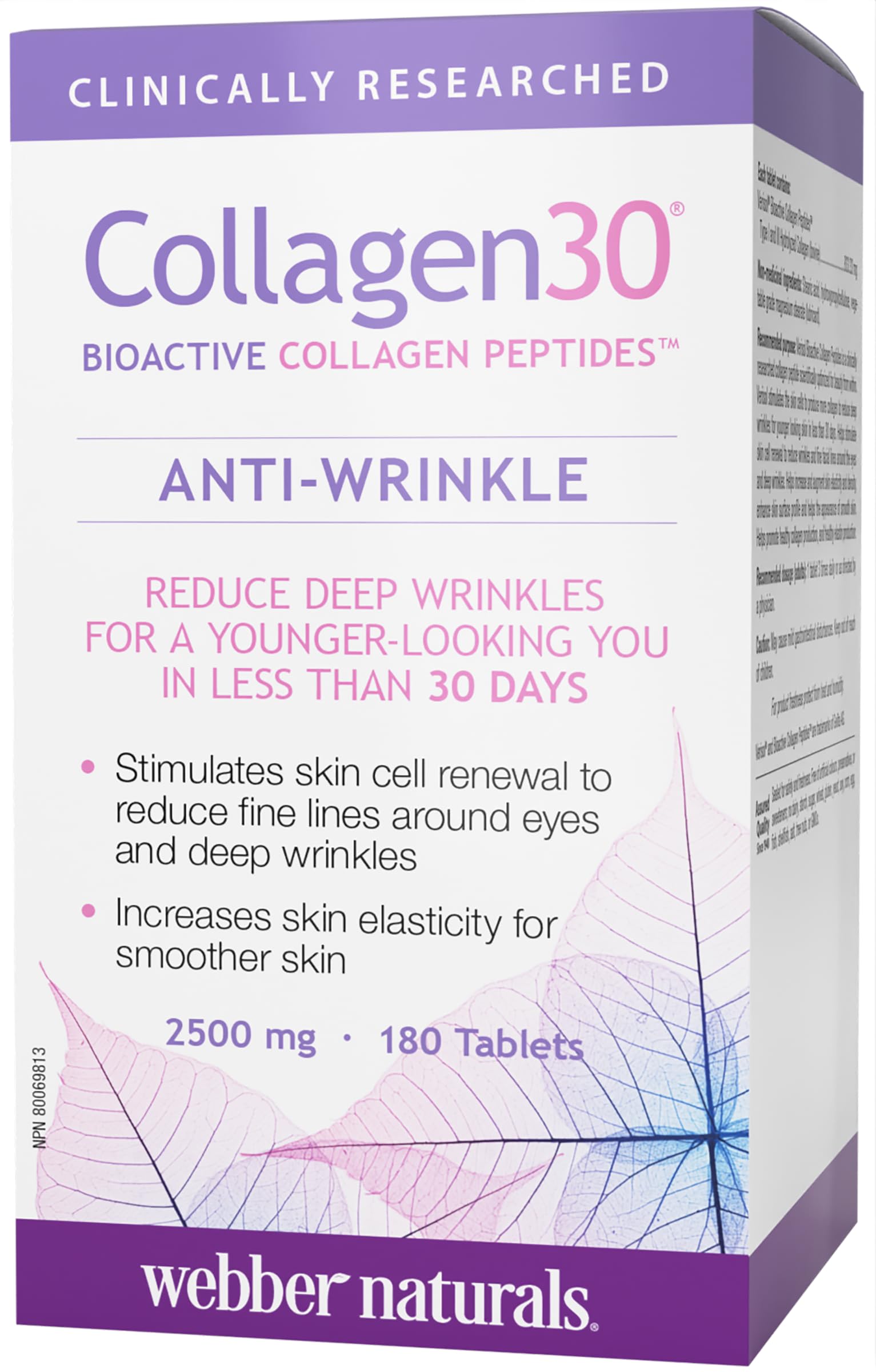 Webber Naturals Collagen30 Anti-Wrinkle, 2500 mg of Bioactive Collagen Peptides Per Serving, 180 Tablets, Helps Reduce Deep Wrinkles, Fine Lines & Stimulates Skin Cells - Available at All In One Marketplace Canada