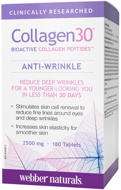 Webber Naturals Collagen30 Anti-Wrinkle, 2500 mg of Bioactive Collagen Peptides Per Serving, 180 Tablets, Helps Reduce Deep Wrinkles, Fine Lines & Stimulates Skin Cells - Available at All In One Marketplace Canada