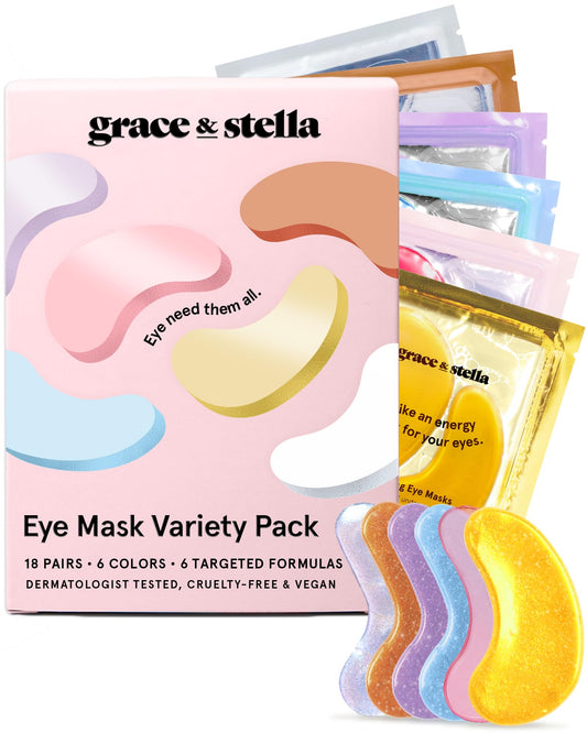 grace & stella Under Eye Mask Variety Pack - 18 Pairs of Under Eye Patches for Puffy Eyes - With 6 Colors (3 Pairs/Color) - Vegan Cruelty Free Bridesmaid Gifts, Birthday Gifts for Women